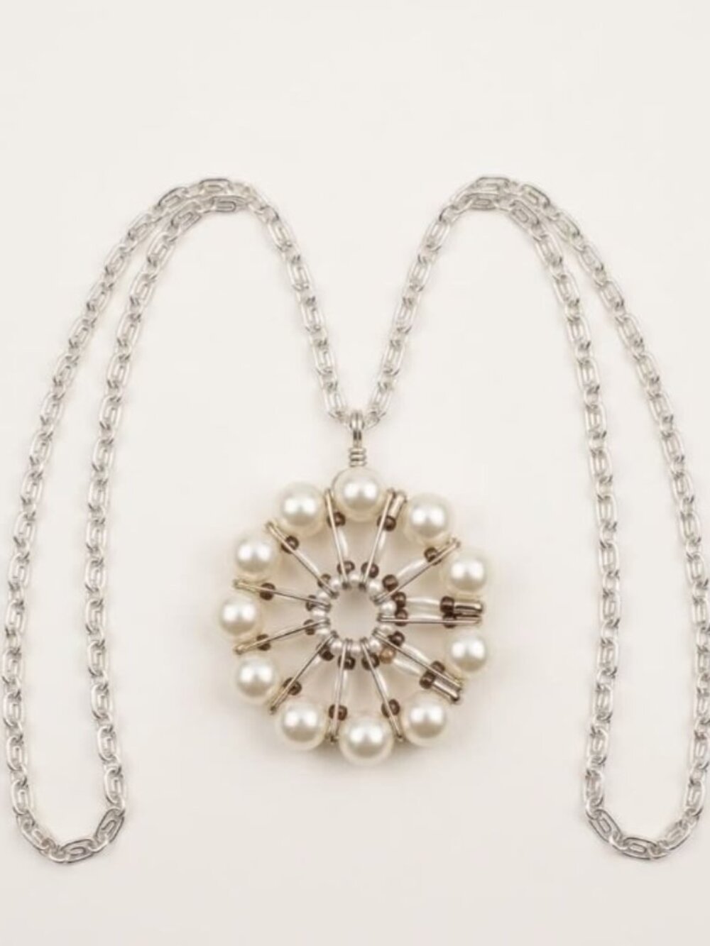 💖 Silver Safety Pin Faux Pearl Flower Wheel Medallion Necklace #129